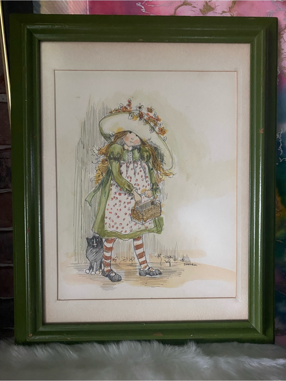 Holly Hobbie Inspired Framed Green Floral Girl Illustration Print